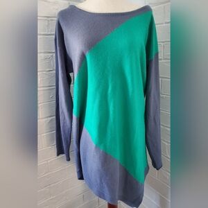 NY Collection Colorblock Teal and Slate Blue Oversized Sweater Dress, Size M-L
